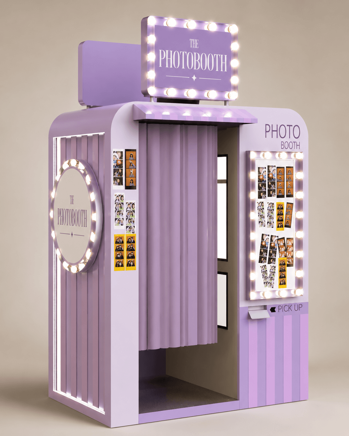 Cabine photo Studio violette avec enseigne lumineuse et rideau