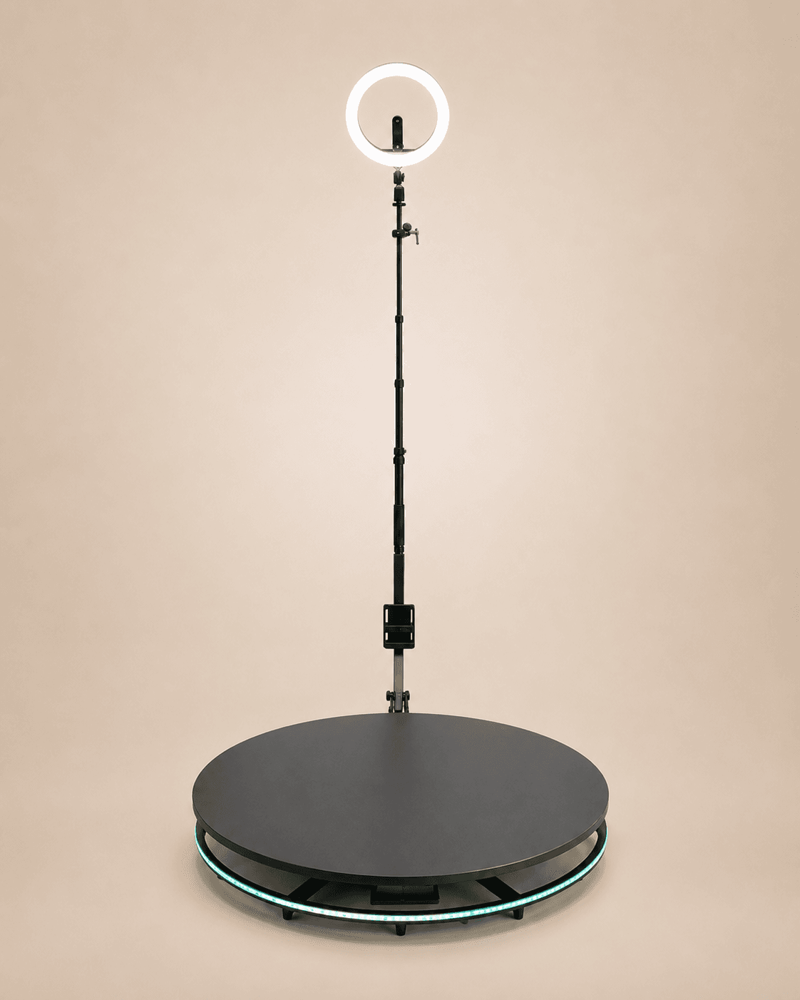 Photobooth 360 Orbite vu de face, couronne LED allumée